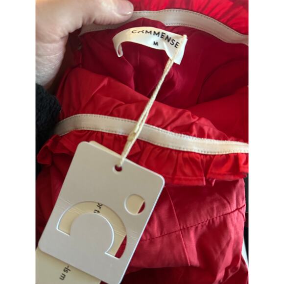 Commense Women's Medium Red Lettuce Trim Slit Sleeveless Collarless Midi Dress - Picture 3 of 4